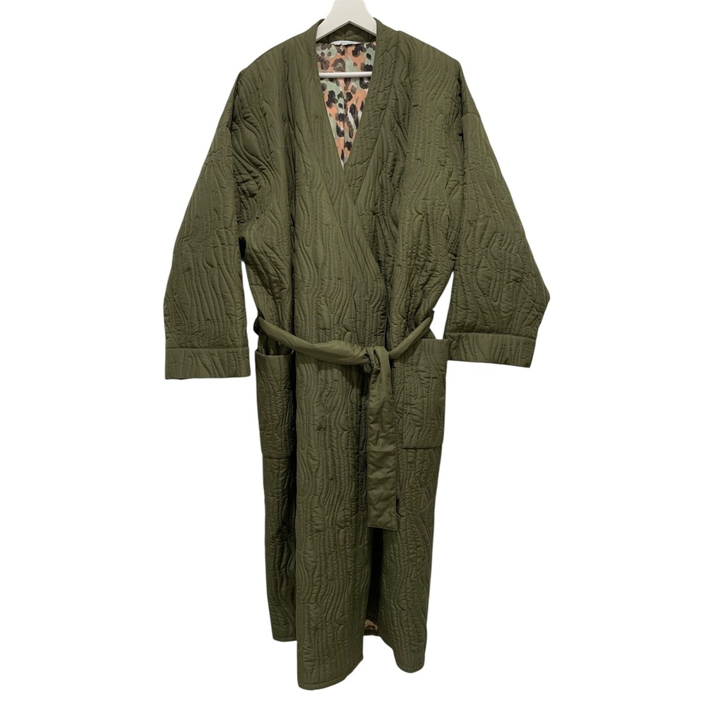 Calme Johnny Was Ava XXL Olive Green Quilted Robe‎ Coat Lining Tie Waist Pockets